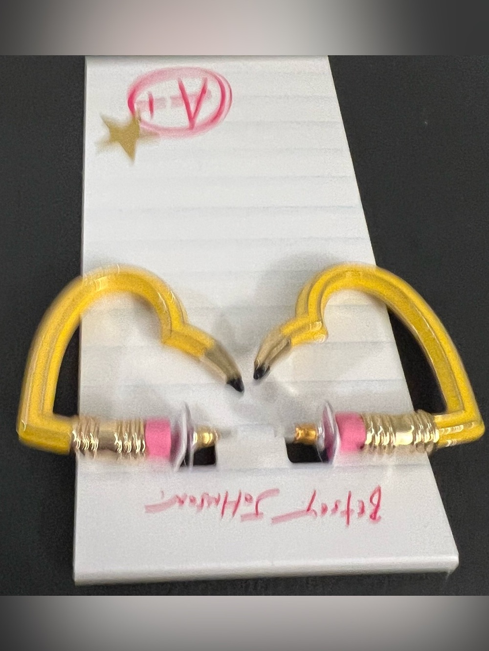 Betsey Johnson Yellow Pencil Heart Hoop Earrings with Pink Eraser - Picture 16 of 16